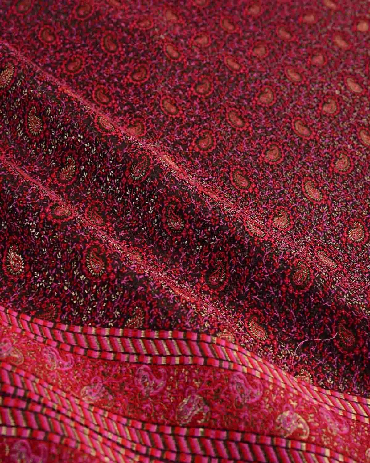 Maroon Banarasi Tehra Paisley Satin Jamawar Handwoven Silk Wool Unisex Dress Shawl with Gold Zari