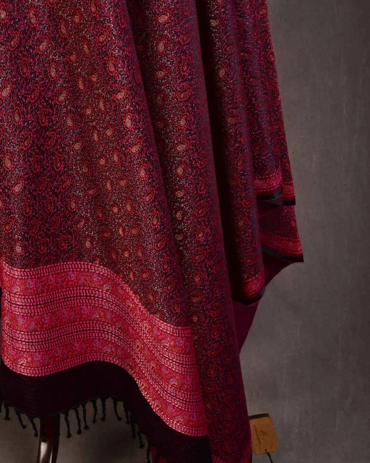 Maroon Banarasi Tehra Paisley Satin Jamawar Handwoven Silk Wool Unisex Dress Shawl with Gold Zari