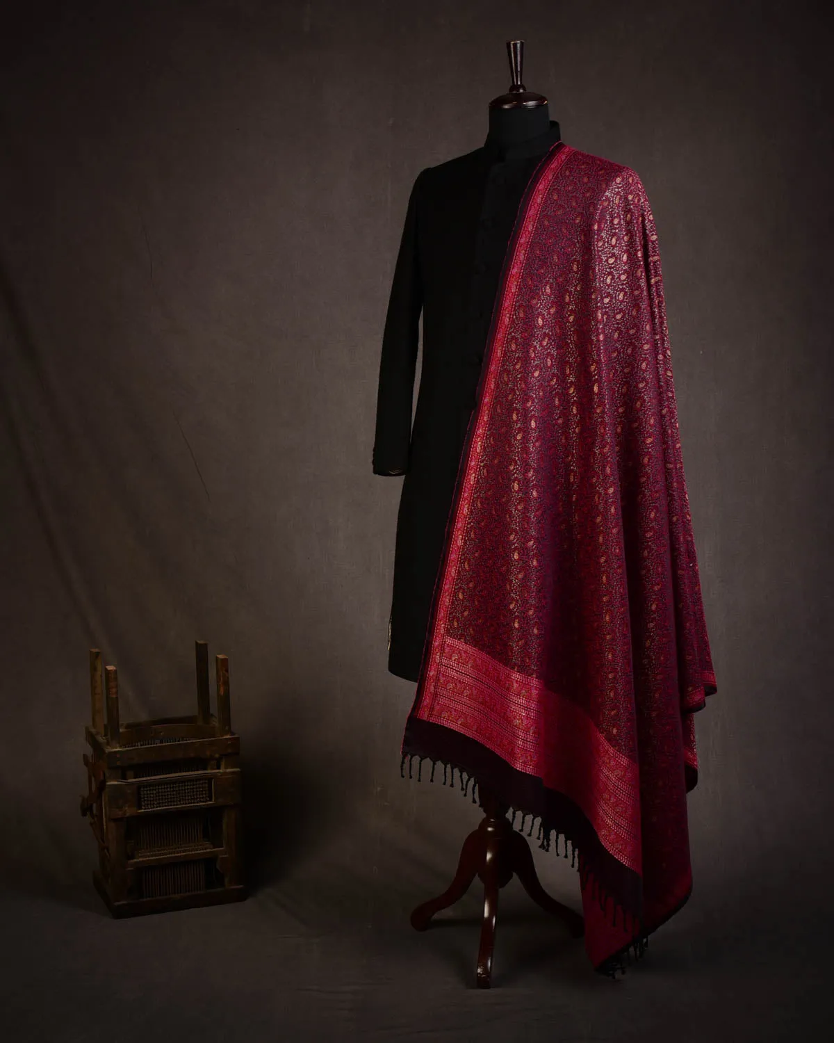 Maroon Banarasi Tehra Paisley Satin Jamawar Handwoven Silk Wool Unisex Dress Shawl with Gold Zari