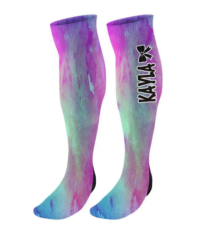 Personalized Cheer Bow Knee High Socks - Watercolor Background