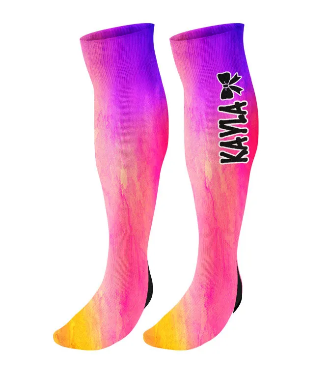 Personalized Cheer Bow Knee High Socks - Watercolor Background