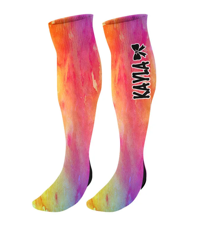 Personalized Cheer Bow Knee High Socks - Watercolor Background