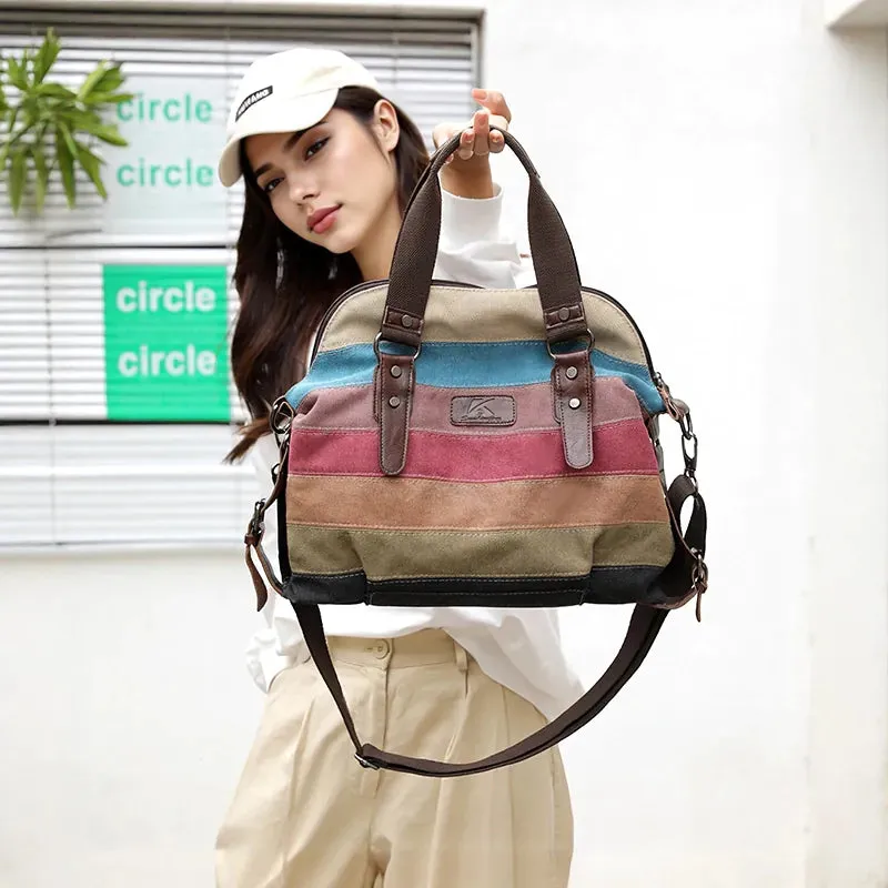 Striped patchwork canvas bag