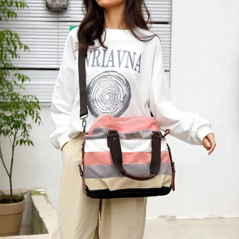 Striped patchwork canvas bag