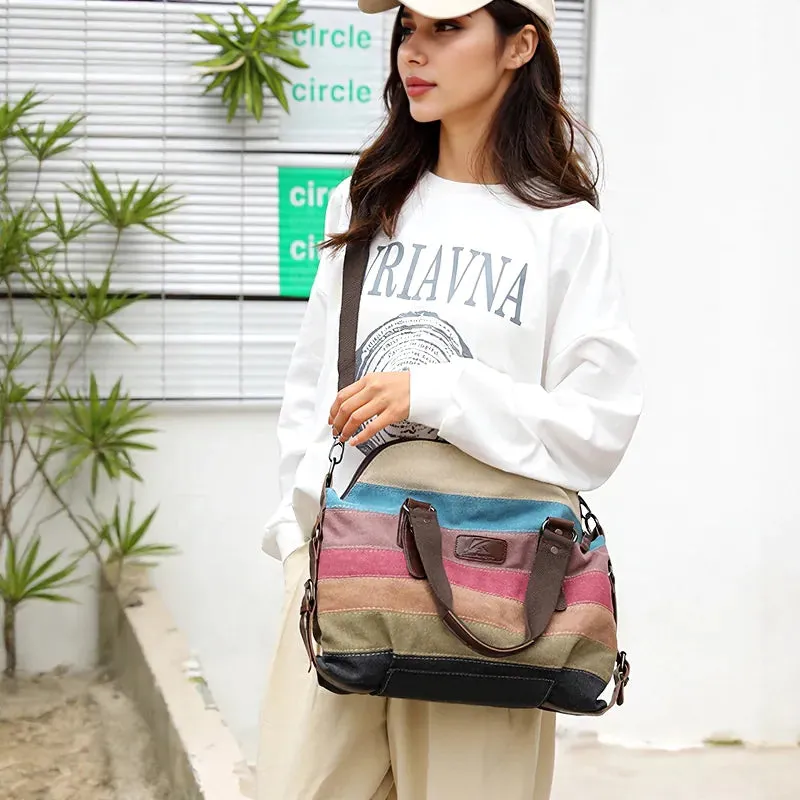 Striped patchwork canvas bag