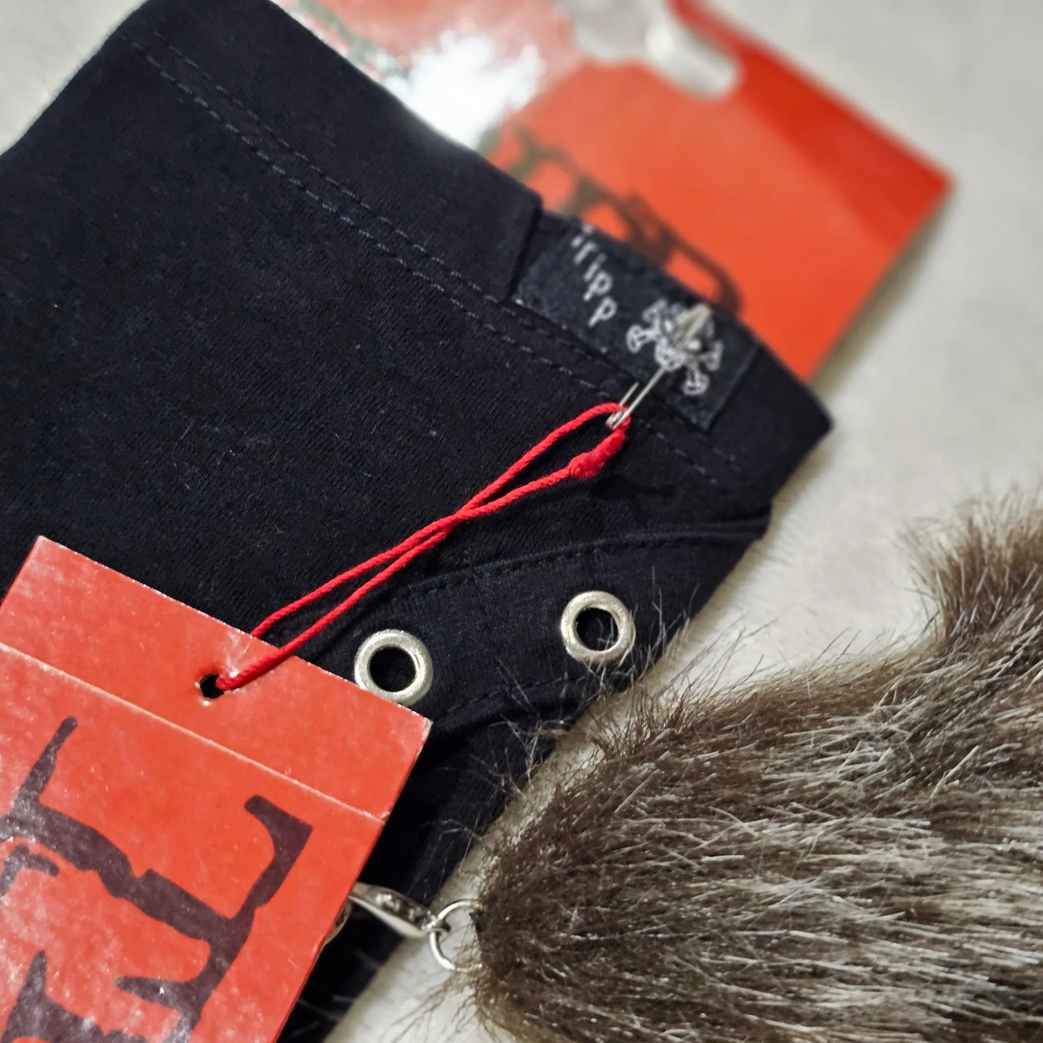 Tail Pin Arm Warmers | Black Brown Fingerless Gloves Grommet Straps Safety Pins Good Luck Tail