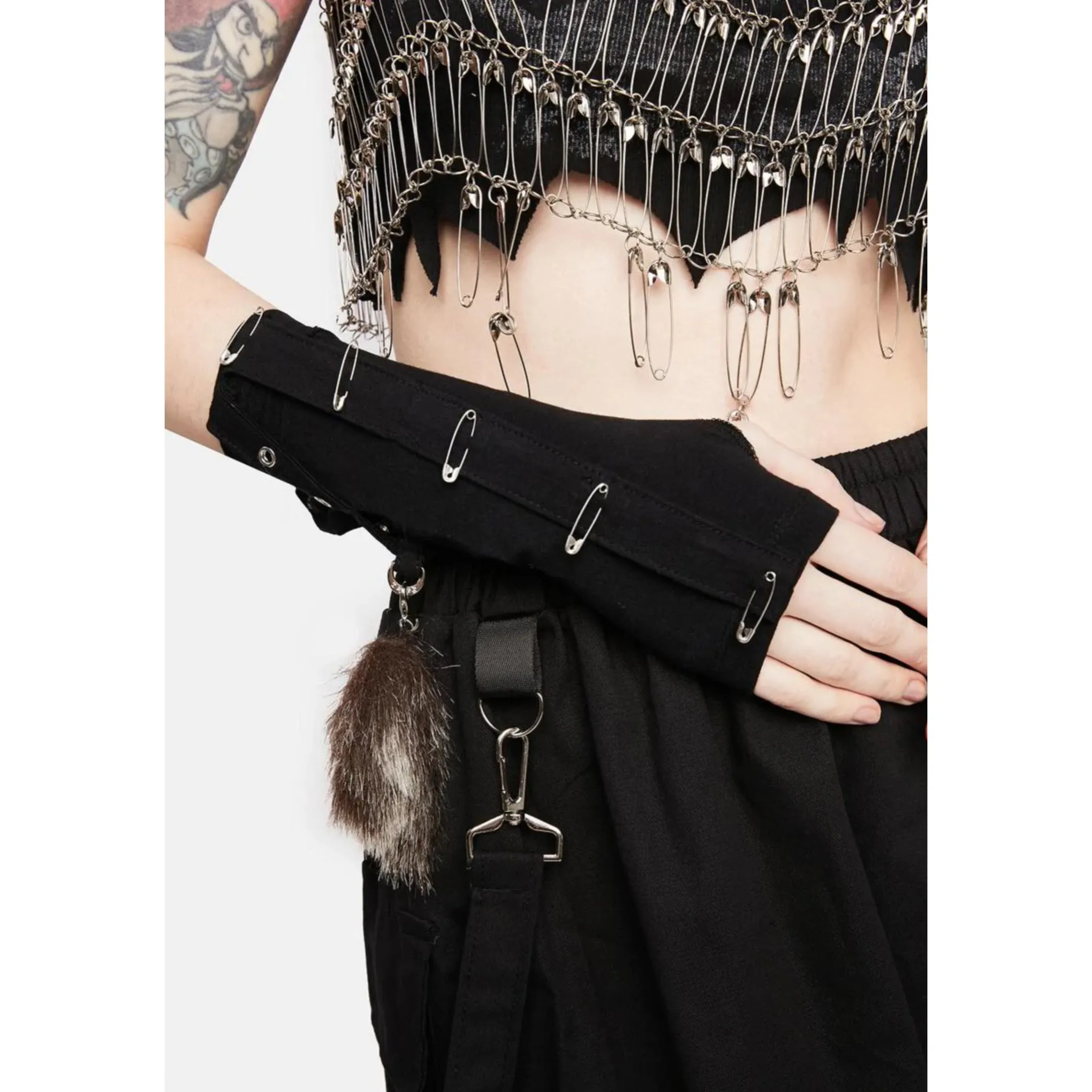 Tail Pin Arm Warmers | Black Brown Fingerless Gloves Grommet Straps Safety Pins Good Luck Tail