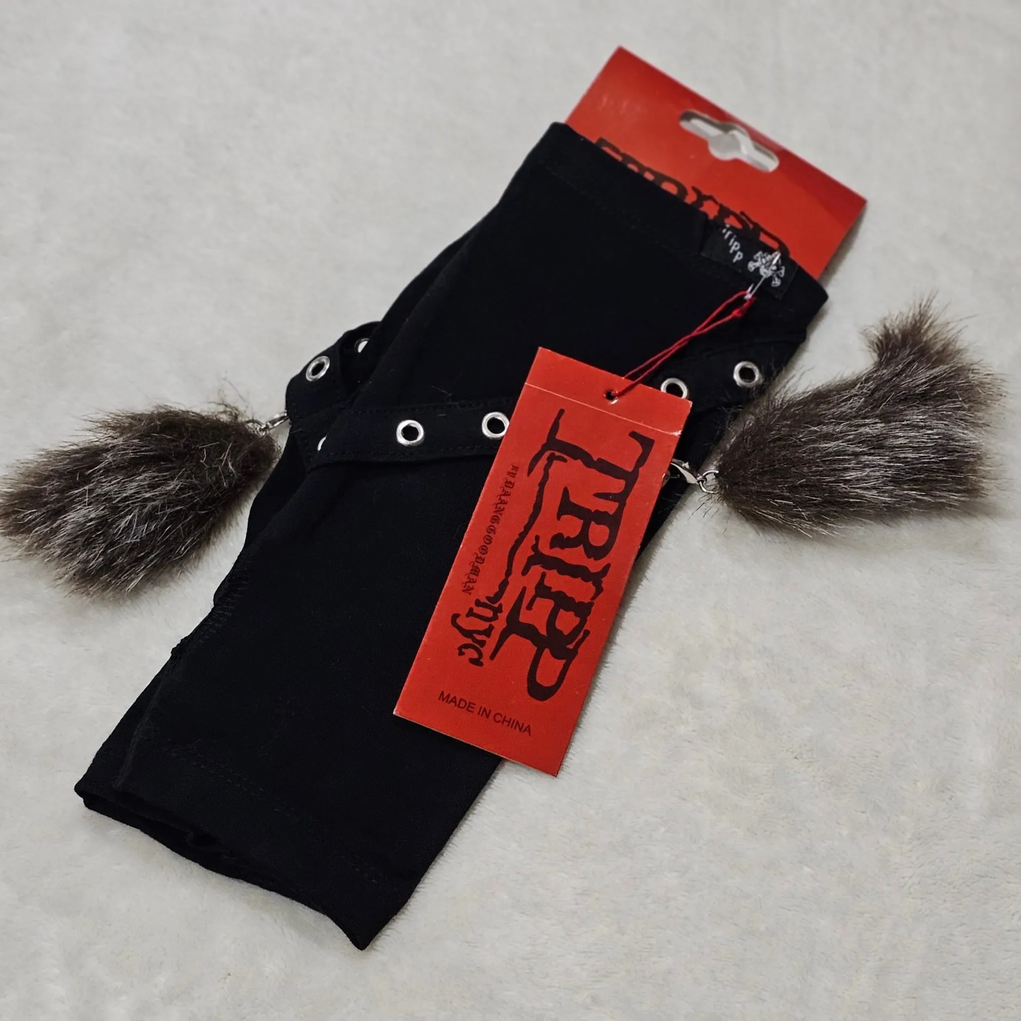 Tail Pin Arm Warmers | Black Brown Fingerless Gloves Grommet Straps Safety Pins Good Luck Tail