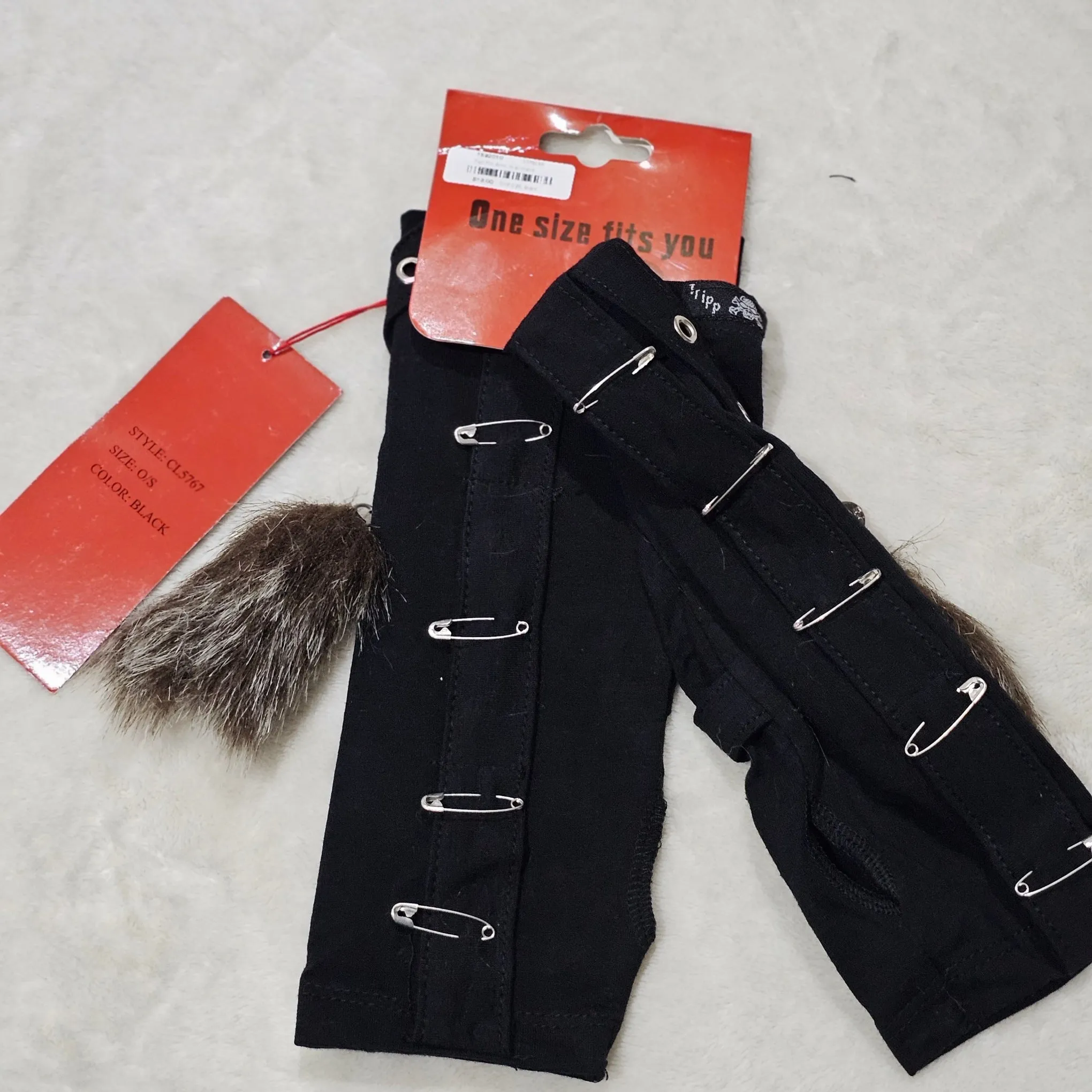 Tail Pin Arm Warmers | Black Brown Fingerless Gloves Grommet Straps Safety Pins Good Luck Tail