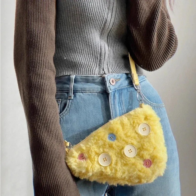 UAKISS  -  Faux Fur Chic Women Fashion Shoulder Bag Kawaii Cute Button Fluffy Handbags Casual Y2k Aesthetic Girls Cell Phone Crossbody Bags