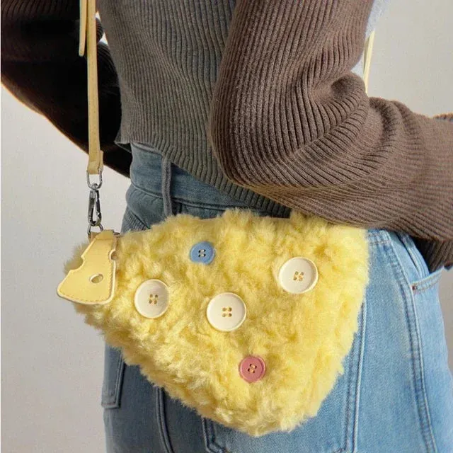 UAKISS  -  Faux Fur Chic Women Fashion Shoulder Bag Kawaii Cute Button Fluffy Handbags Casual Y2k Aesthetic Girls Cell Phone Crossbody Bags