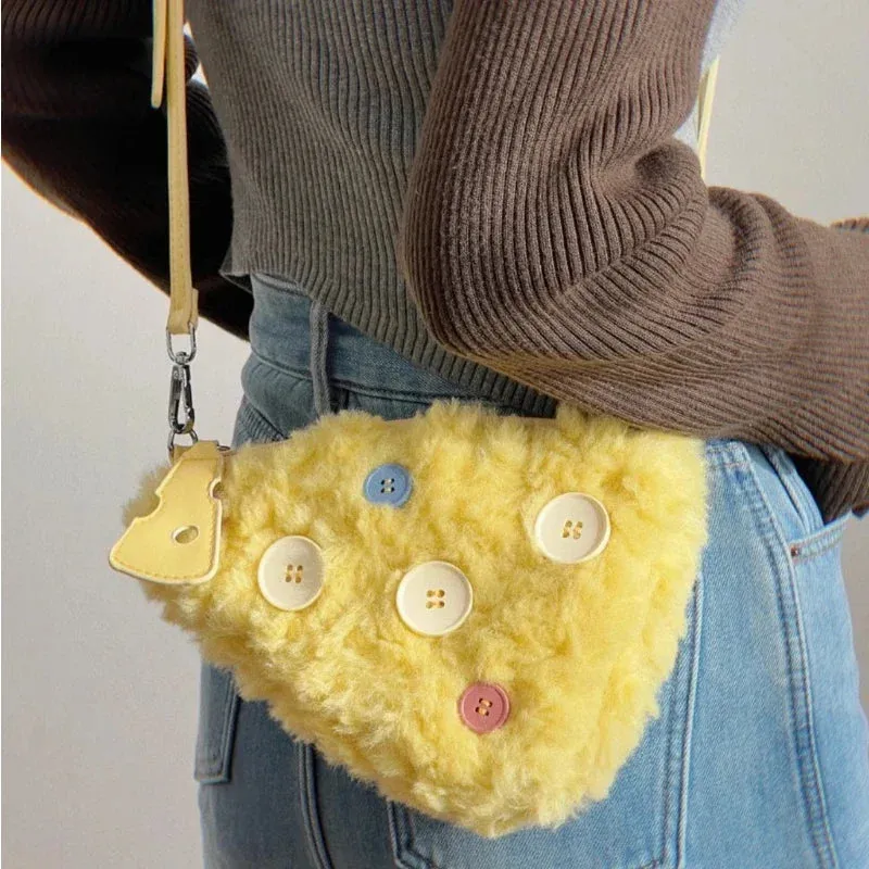 UAKISS  -  Faux Fur Chic Women Fashion Shoulder Bag Kawaii Cute Button Fluffy Handbags Casual Y2k Aesthetic Girls Cell Phone Crossbody Bags