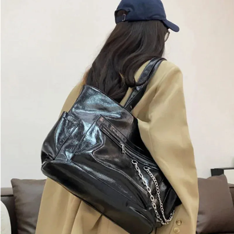 UAKISS  -  High-capacity Office Lady Chic Solid Tote Bags Simple Zipper Chain Underarm Bag Y2k Aesthetic Women All Match Shoulder Handbags