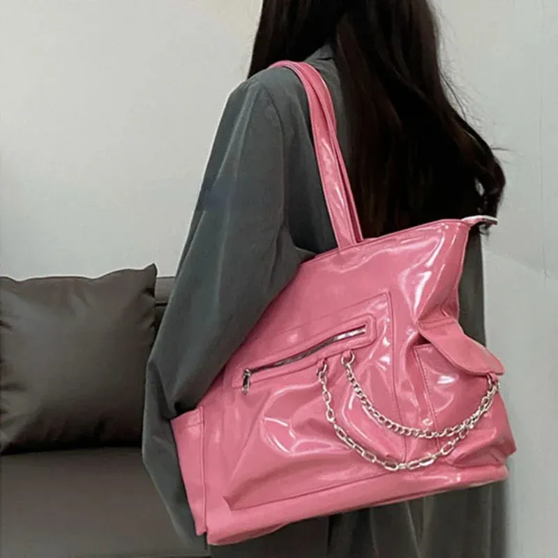 UAKISS  -  High-capacity Office Lady Chic Solid Tote Bags Simple Zipper Chain Underarm Bag Y2k Aesthetic Women All Match Shoulder Handbags