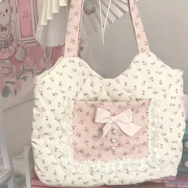UAKISS  -  Korean Fairy Flower Print Women's Handbags Sweet Y2k Aesthetic Fashion Chic Underarm Bag Contrast Color Kawaii Bow Shoulder Bags