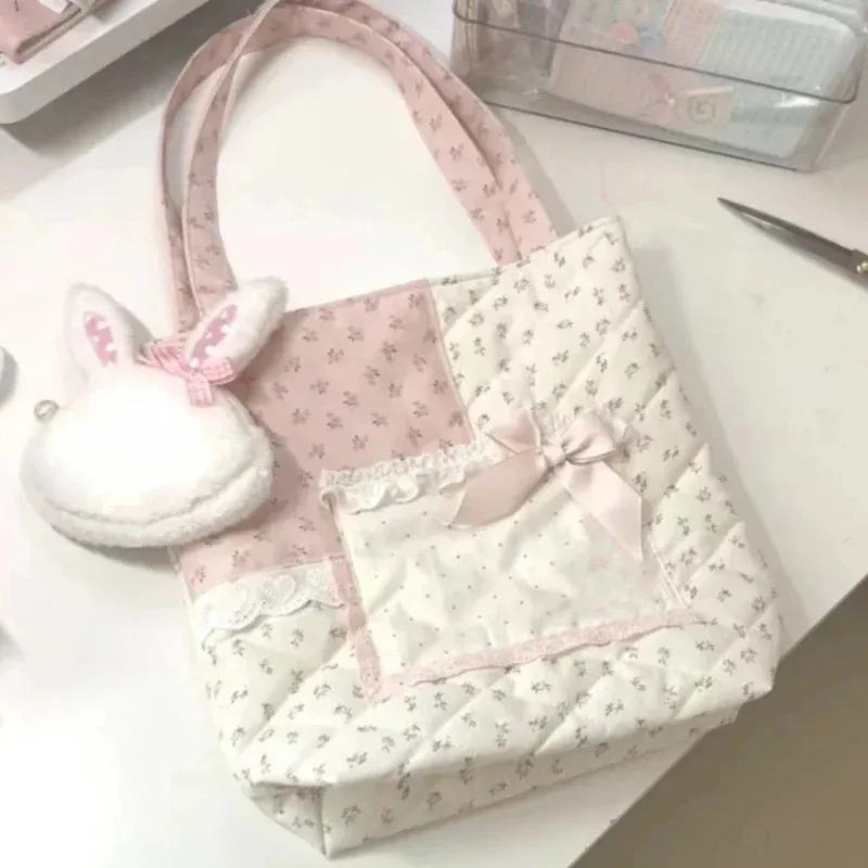 UAKISS  -  Korean Fairy Flower Print Women's Handbags Sweet Y2k Aesthetic Fashion Chic Underarm Bag Contrast Color Kawaii Bow Shoulder Bags
