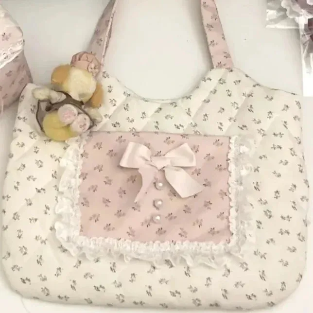 UAKISS  -  Korean Fairy Flower Print Women's Handbags Sweet Y2k Aesthetic Fashion Chic Underarm Bag Contrast Color Kawaii Bow Shoulder Bags