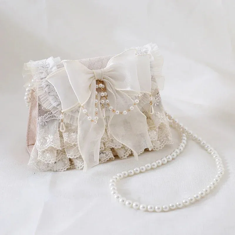 UAKISS  -  Women Tender Lolita Kawaii Bow Crossbody Bag Japanese Ins Girls Sweet Casual Chain Handbags Elegant Fairy Lace Shoulder Bags Y2k