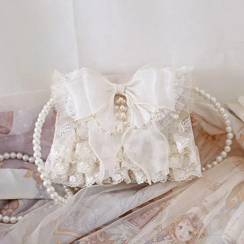 UAKISS  -  Women Tender Lolita Kawaii Bow Crossbody Bag Japanese Ins Girls Sweet Casual Chain Handbags Elegant Fairy Lace Shoulder Bags Y2k